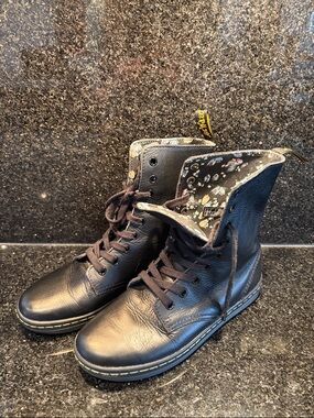 Dr. Martens Black Leather Combat Boots with Floral Lining